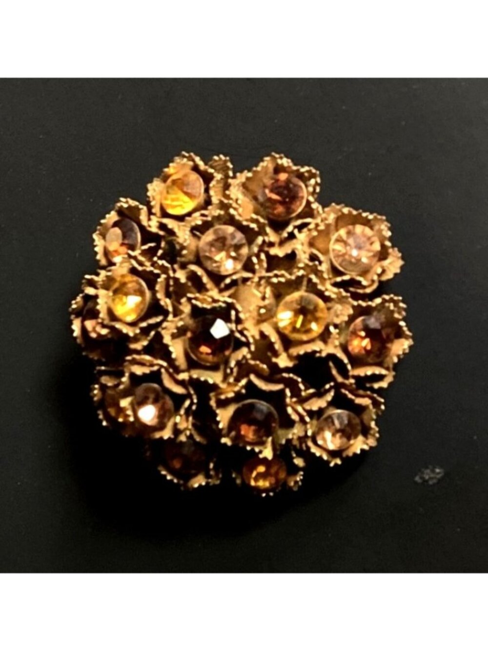 Vintage Domed Gold Tone Rhinestone Brooch Pendant Pin Amber & Brown Rhinestones